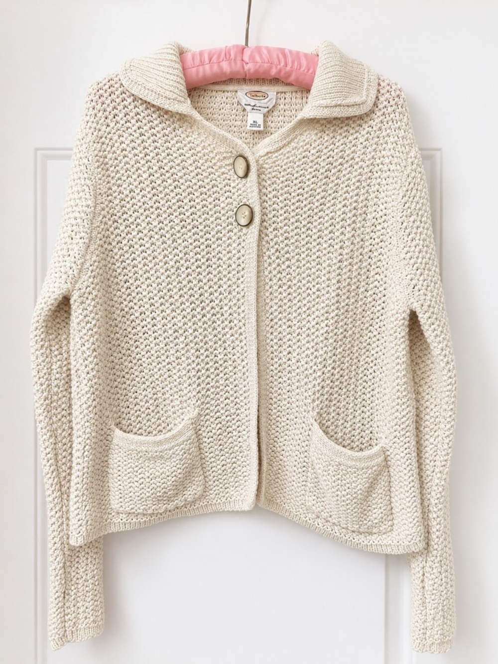 Vintage Talbots 100% Mercerized Cotton Chunky Knit Cardigan Sweater XL Ivory
